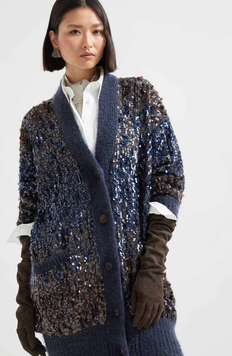 Brunello Cucinelli Dazzling dégradé embroidery cardigan, Alternate, color, Navy Blue