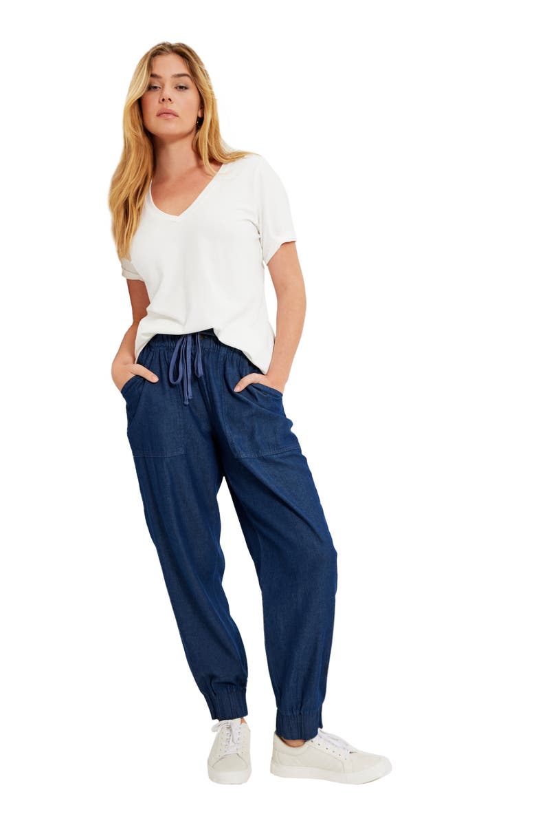 June + Vie Drawstring Denim Jogger, Main, color, Medium Wash