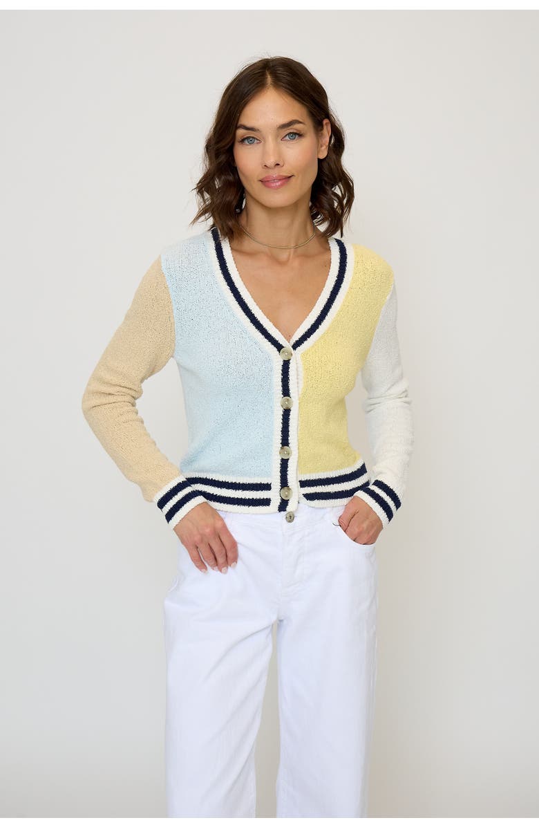 Central Park West Daphne Varsity Stripe Cardigan, Alternate, color, Citron