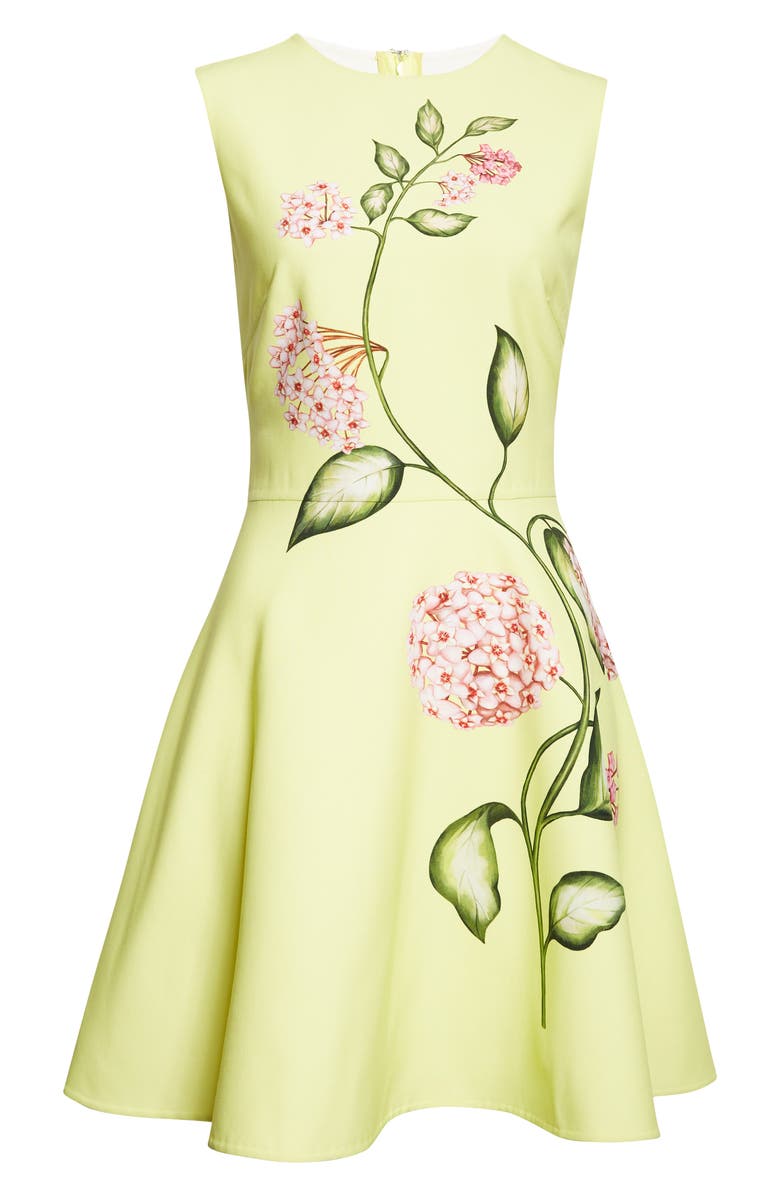 Oscar de la Renta Porcelain Flowers Wool Blend Stretch Crepe Fit & Flare Minidress, Main, color, Pink/ Pear