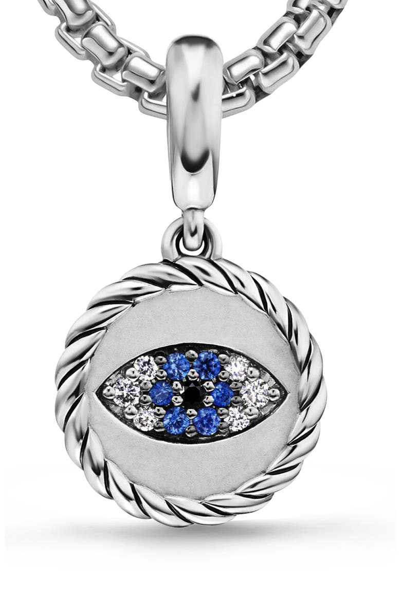 Evil Eye Amulet in Sterling Silver with Light Blue Sapphires, Black Diamonds and Diamonds, 12.6mm, Alternate, color, SILVER PAVE