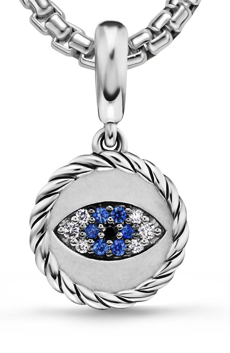 David Yurman Evil Eye Amulet in Sterling Silver with Light Blue Sapphires, Black Diamonds and Diamonds, 12.6mm, Alternate, color, Silver Pave
