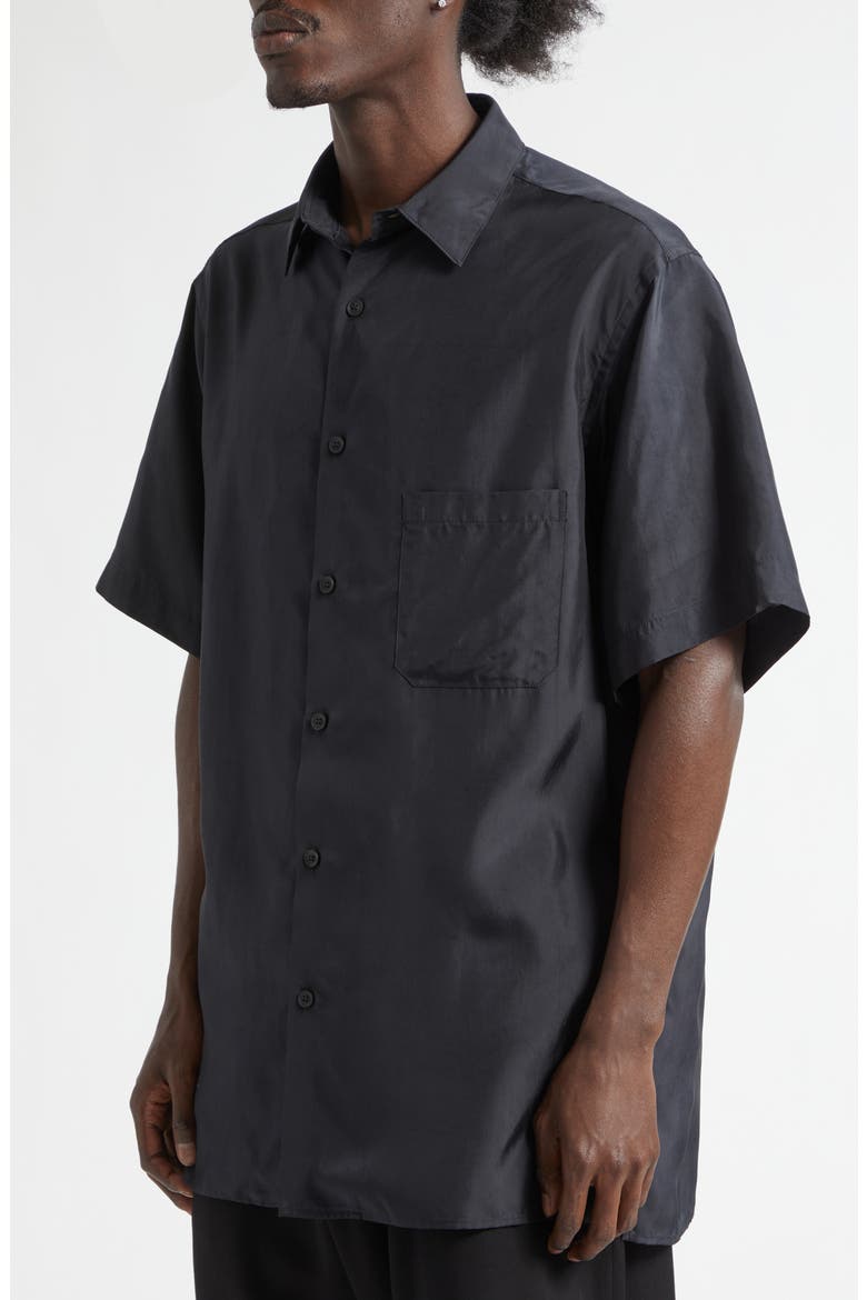 Big Short Sleeve Cupro Taffeta Button-Up Shirt, Alternate, color, BLACK