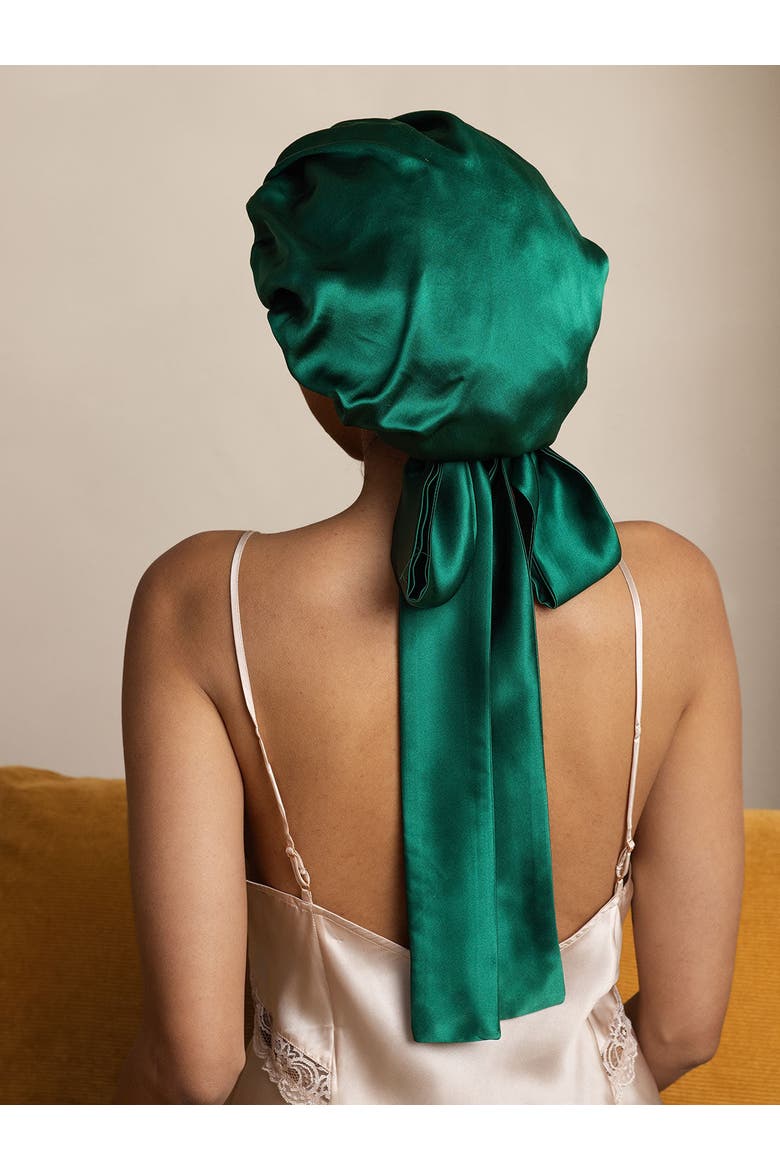 Women's Silk Casual Bonnet with Long Ribbons, Alternate, color, DarkGreen