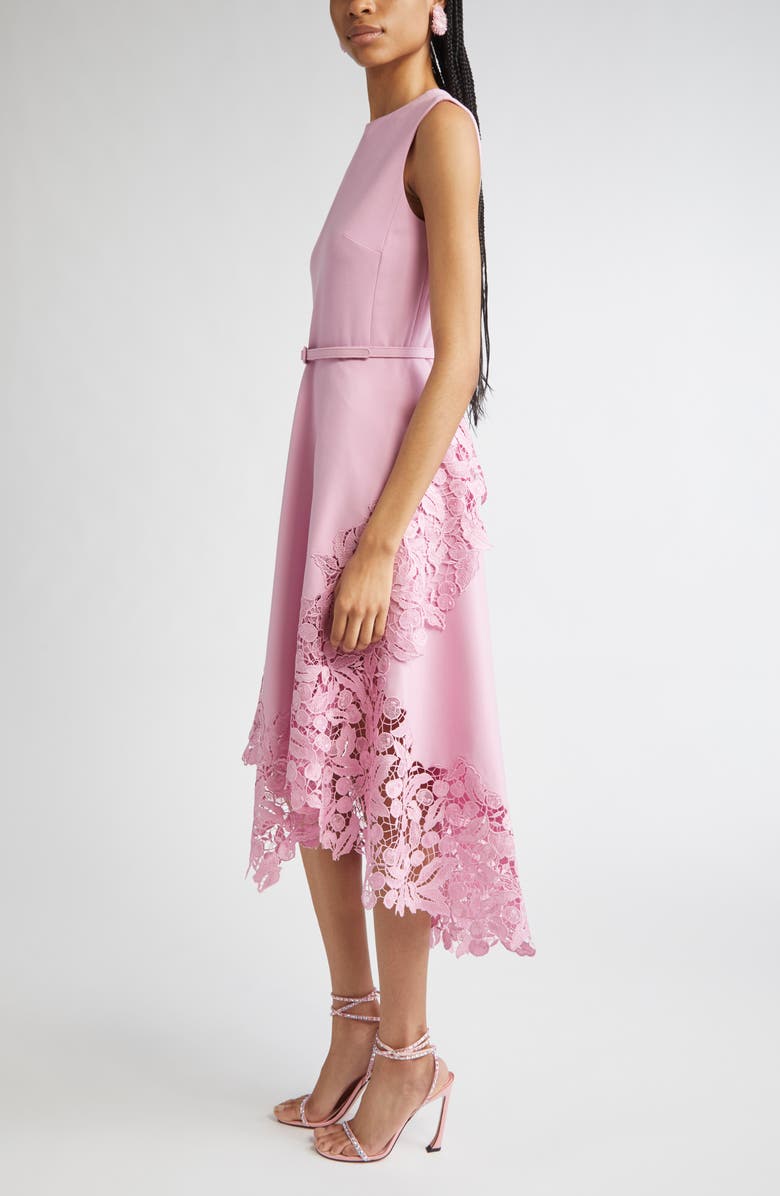 Oscar de la Renta Cherry Blossom Guipure Lace Trim Belted Midi Dress, Alternate, color, Lily