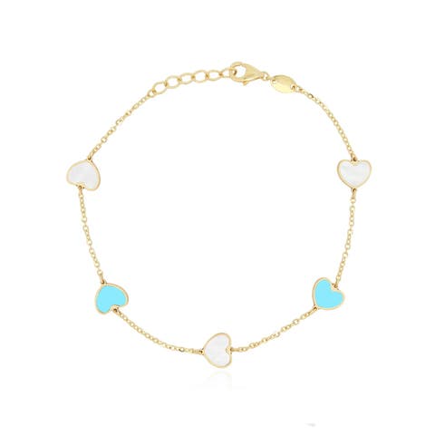 Mother of Pearl and Turquoise Mixed Heart Station Bracelet