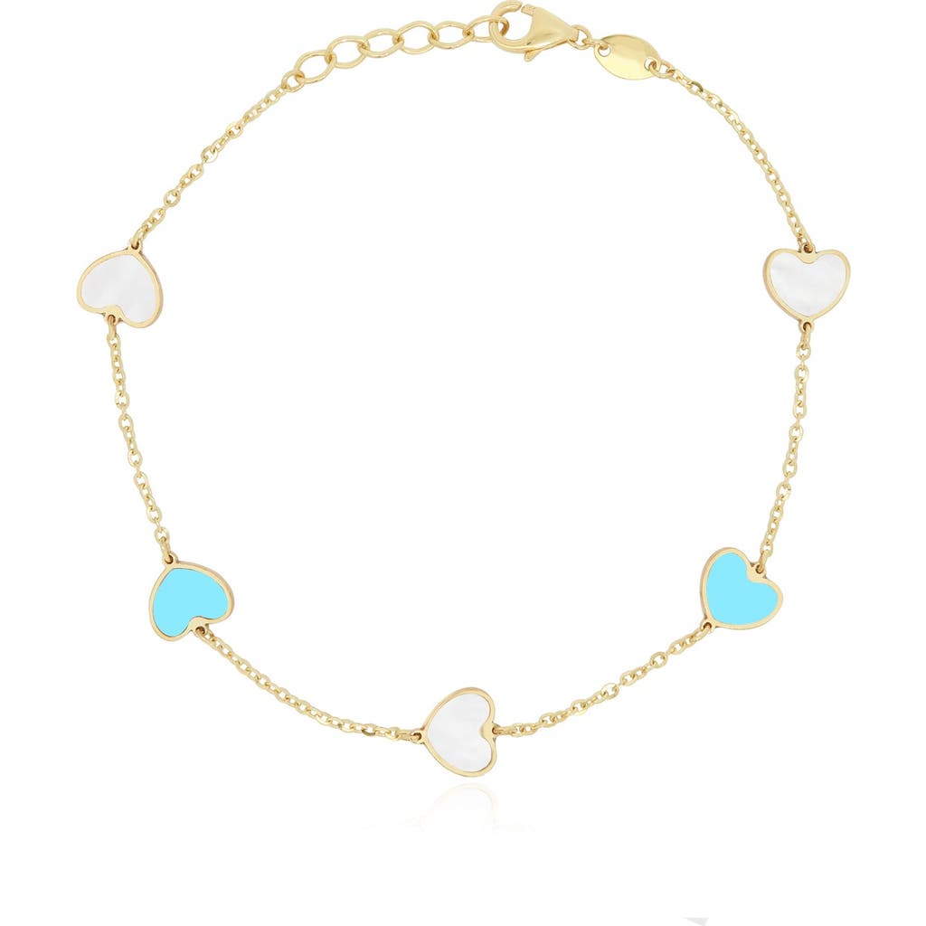 The Lovery Fine Jewelry Mother Of Pearl And Turquoise Mixed Heart Station Bracelet In Gold
