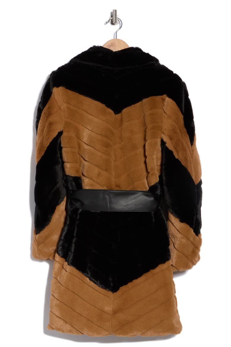 Zoya Faux Leather Belted Faux Fur Coat, Alternate, color, BLACK/ BISCOTTI