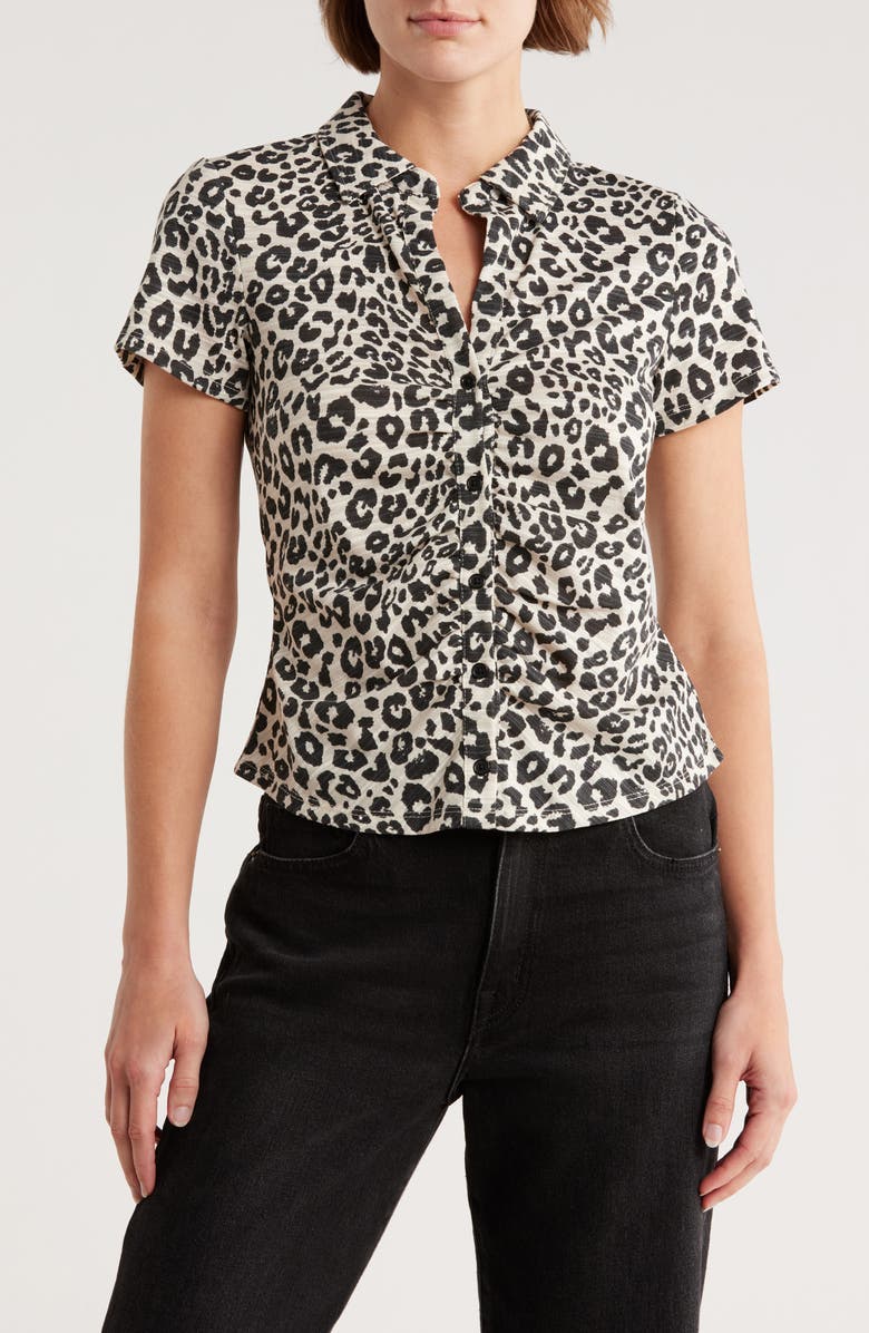 Sanctuary Ruched Short Sleeve Button-Up Top, Main, color, Lynx Brown