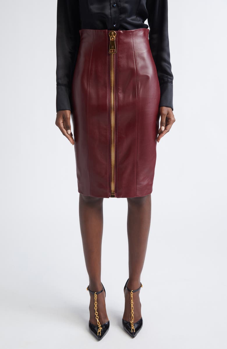 Balmain Zipped High Waist Lambskin Leather Pencil Skirt, Main, color, Burgundy