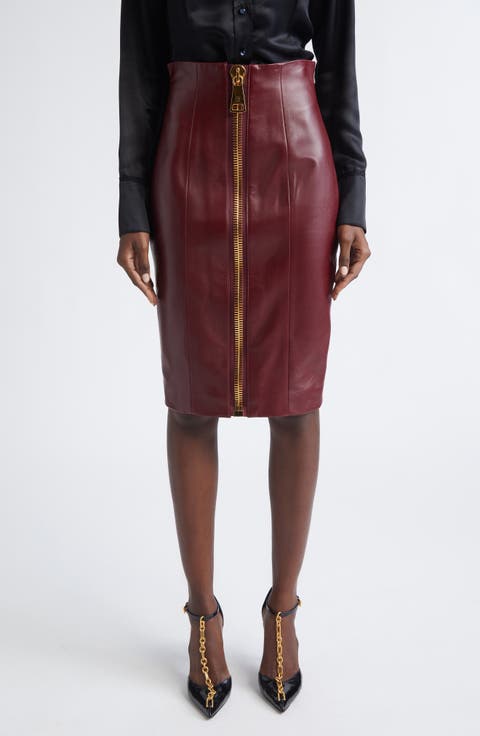 Zipped High Waist Lambskin Leather Pencil Skirt