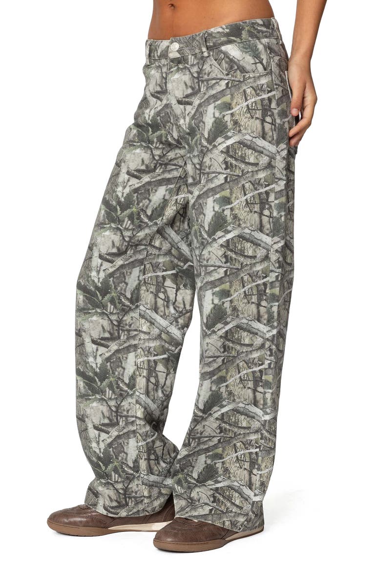 Camo Print Bow Pocket Low Rise Wide Leg Jeans, Alternate, color, OLIVE