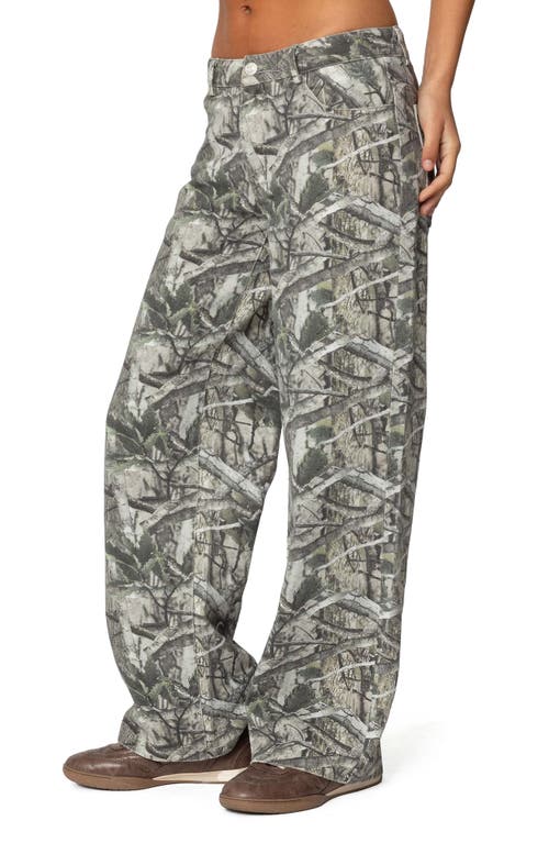 Shop Edikted Camo Print Bow Pocket Low Rise Wide Leg Jeans In Olive