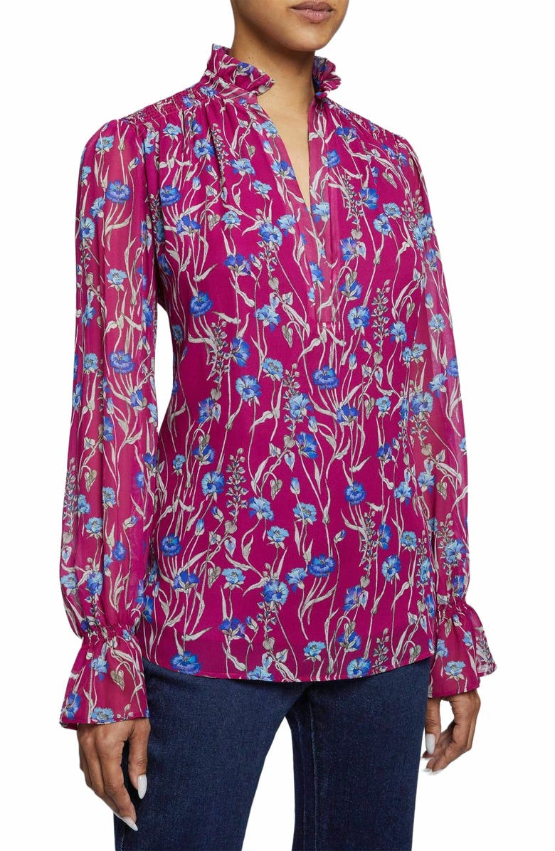 Santorelli CHELSEA Long Sleeve Ruffle Neck Blouse in Floral Printed Georgette, Main, color, Dark Magenta