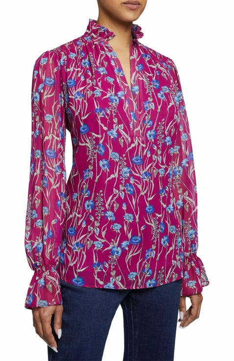 CHELSEA Long Sleeve Ruffle Neck Blouse in Floral Printed Georgette