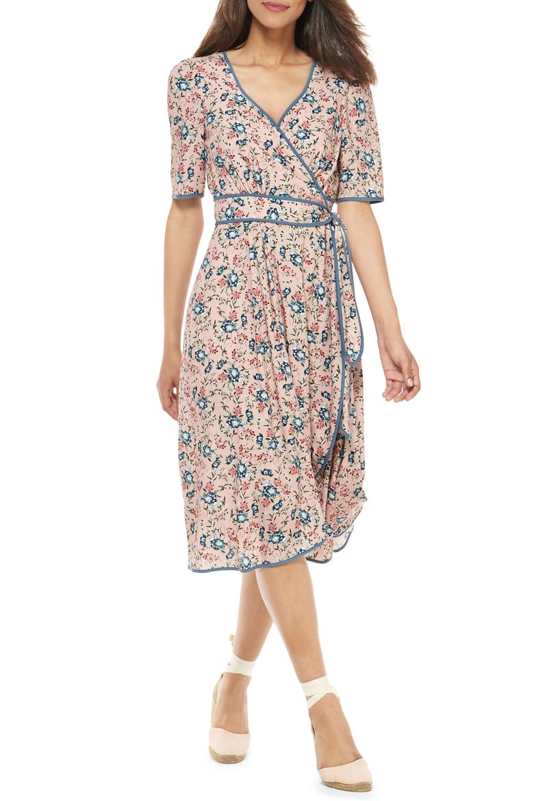 Isadora Floral Print Wrap Midi Dress, Main, color, PINK MULTI
