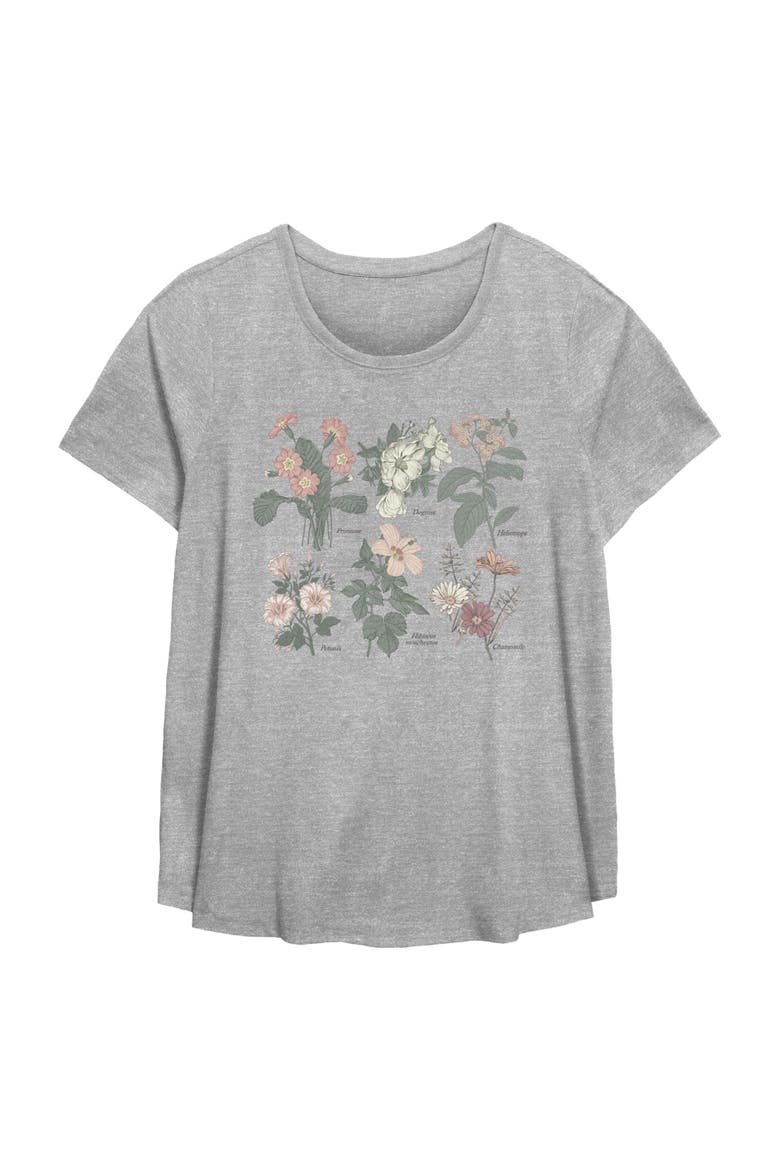 Women's Lost Gods Floral Grid Names  Graphic T-Shirt, Main, color, Heather Gray