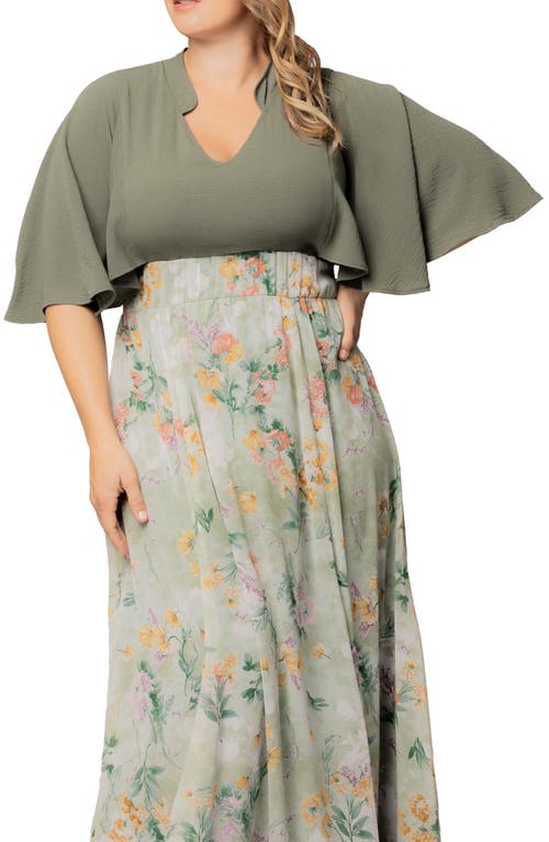 Kiyonna Avisa Flutter Sleeve Maxi Dress In Sage Floral Print
