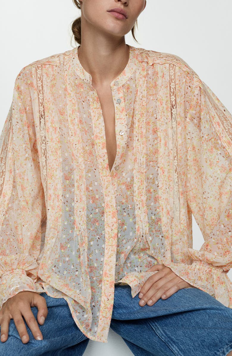 MANGO Floral Print Pintuck & Lace Shirt, Alternate, color,