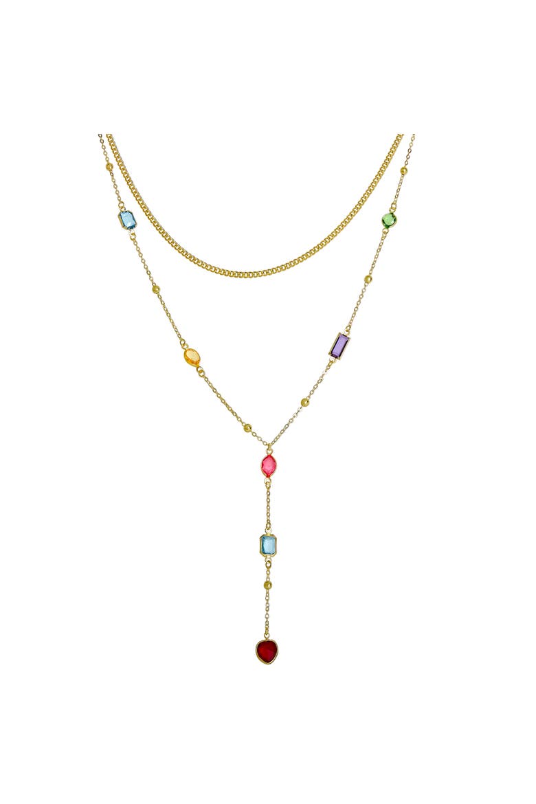 Gold-Tone Layered Necklace for Women with Multicolored Gems | Double Strand Necklace, Short Gold and Lariat Necklace, Gemstone Embellishments, Main, color, Gold-Tone