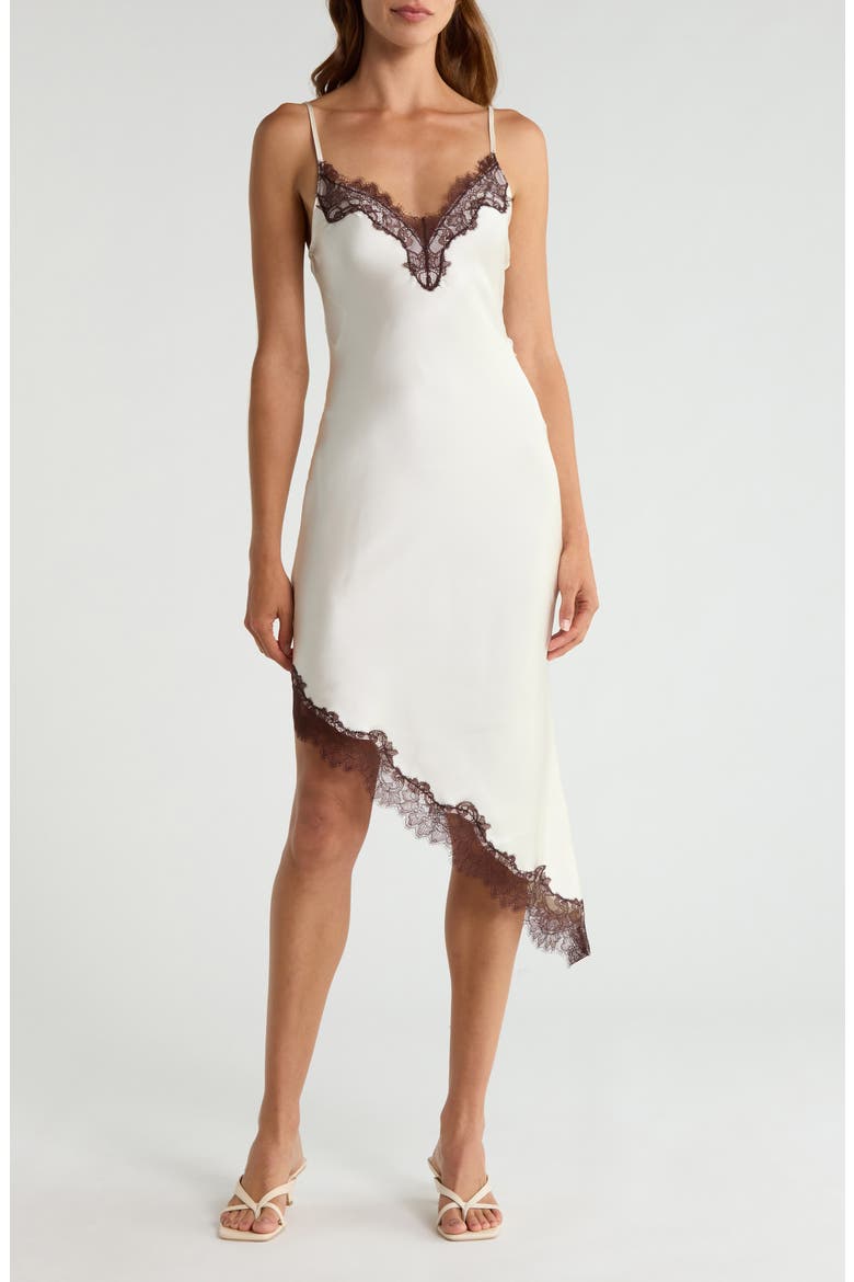 Posie Lace Trim Asymmetric Slipdress, Main, color, CREAM / CHOCOLATE