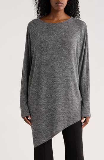 Patrizia Luca Long Sleeve Asymmetrical Hem Tunic Knit Top In Gray