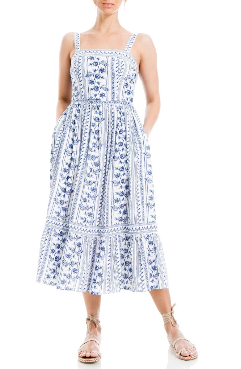 MAX STUDIO Floral Print Sleeveless Midi Dress, Alternate, color, Cream/ Blue Multi