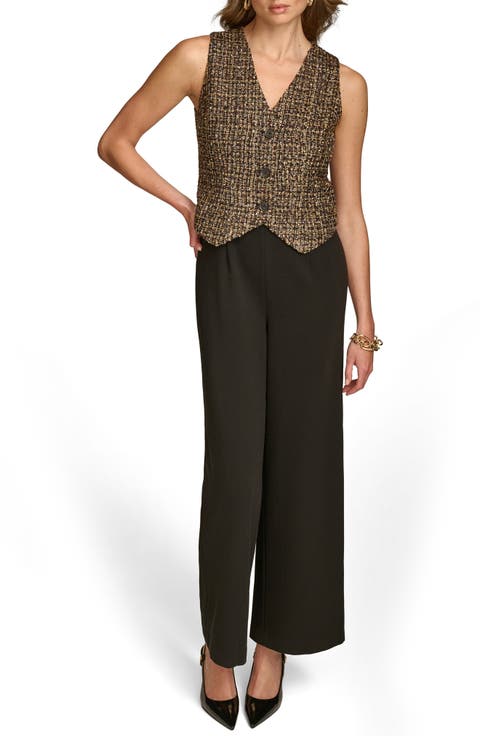 Metallic Tweed & Cady Crepe Button Front Wide Leg Jumpsuit