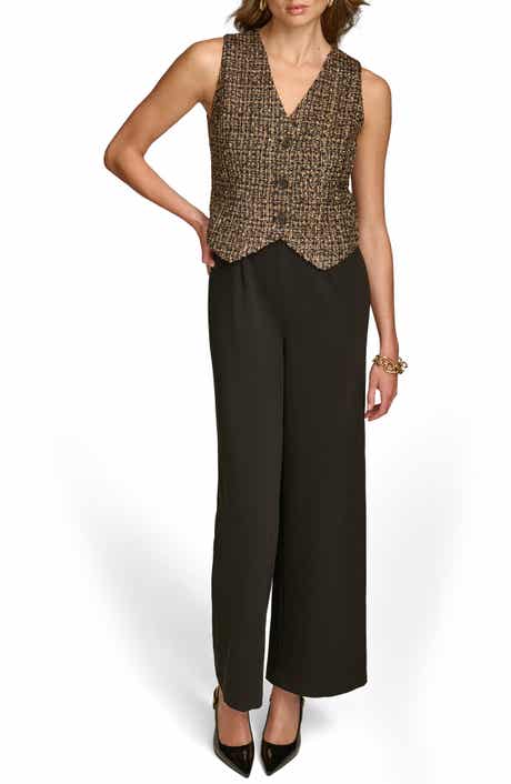 Metallic Tweed & Cady Crepe Button Front Wide Leg Jumpsuit