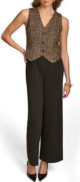 Donna Karan New York Metallic Tweed & Cady Crepe Button Front Wide Leg Jumpsuit