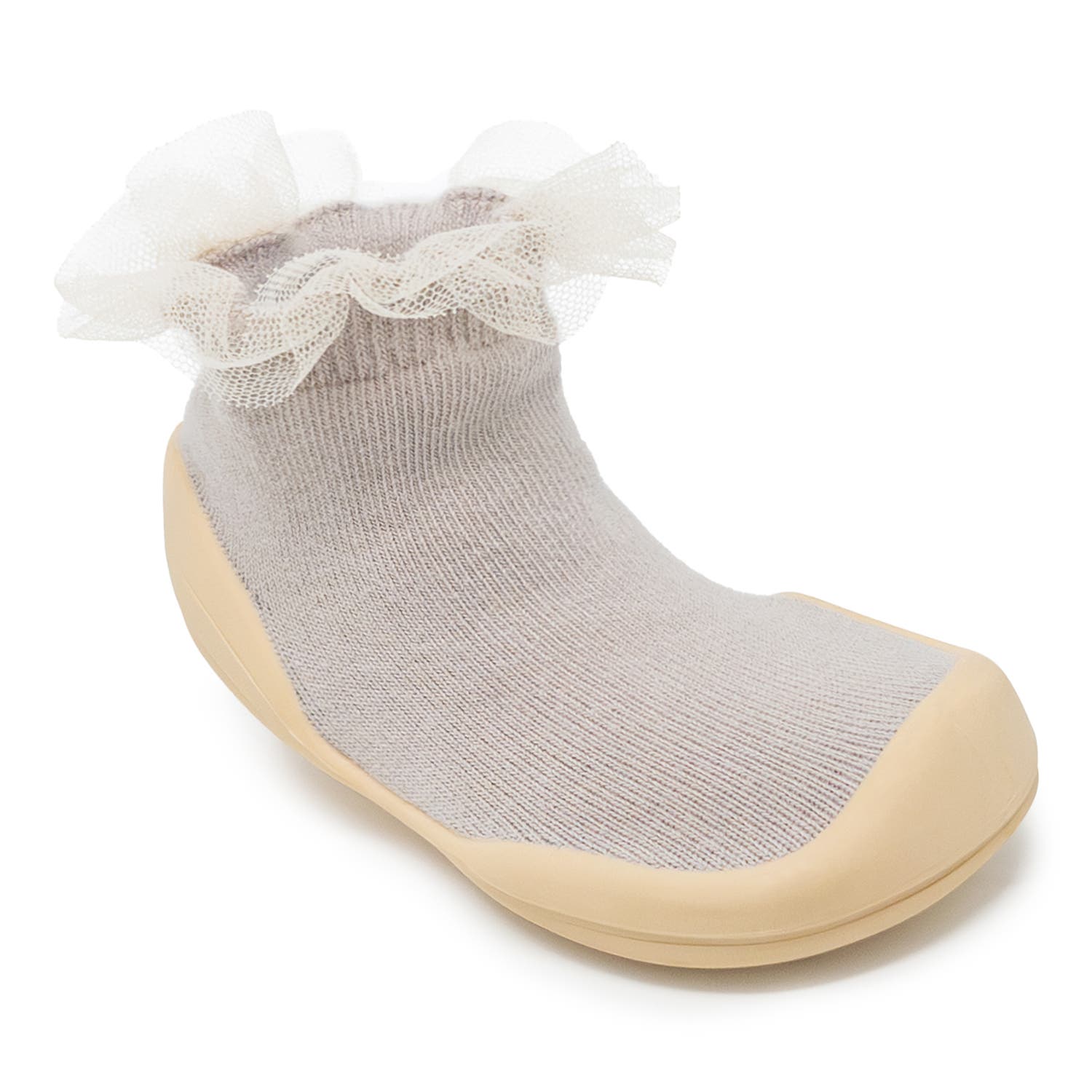 Komuello Toddler Girl Sock Shoes Tulle Trim - Pink, Alternate, color, Beige