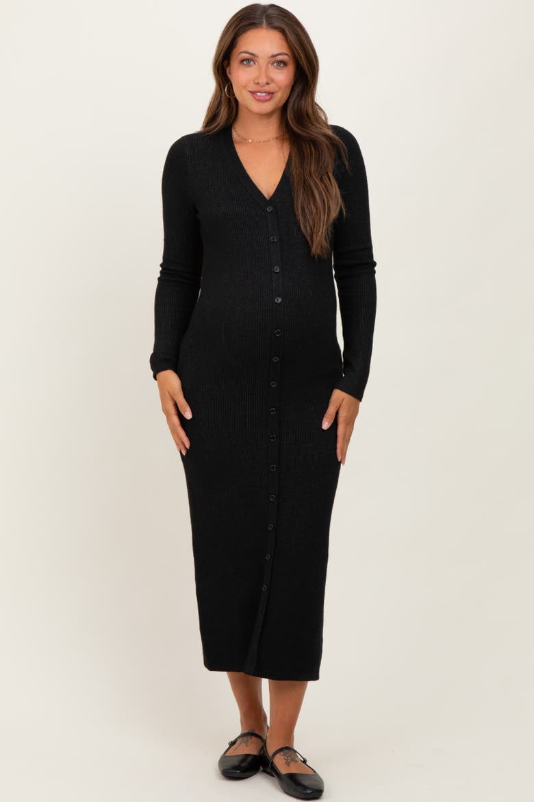 Ribbed Knit Button Down Long Sleeve Midi Dress, Alternate, color, Black