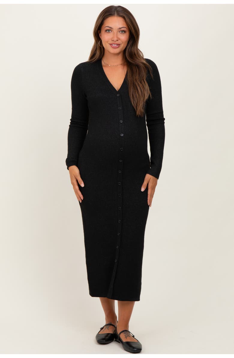 PinkBlush Ribbed Knit Button Down Long Sleeve Midi Dress, Alternate, color, Black