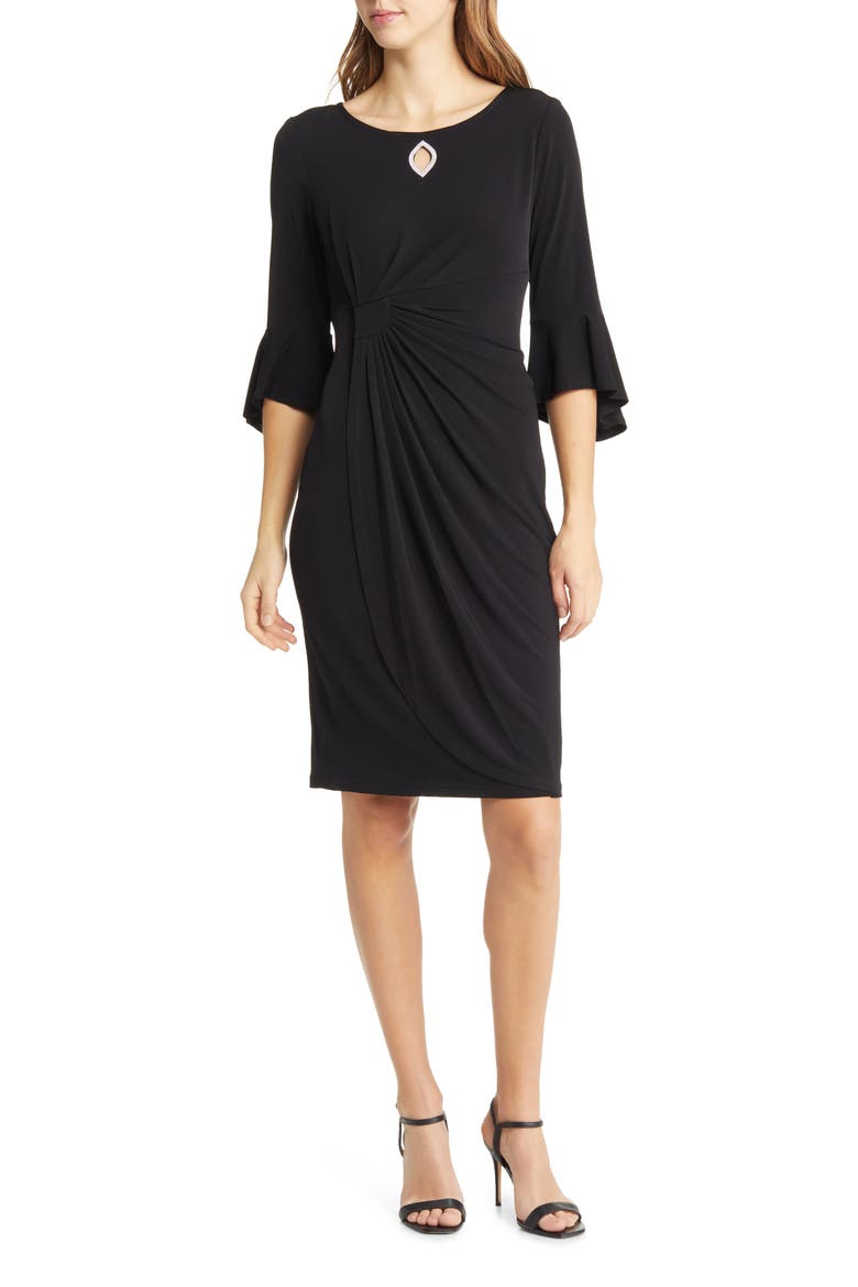 Bell Sleeve Faux Wrap Dress, Main, color, BLACK