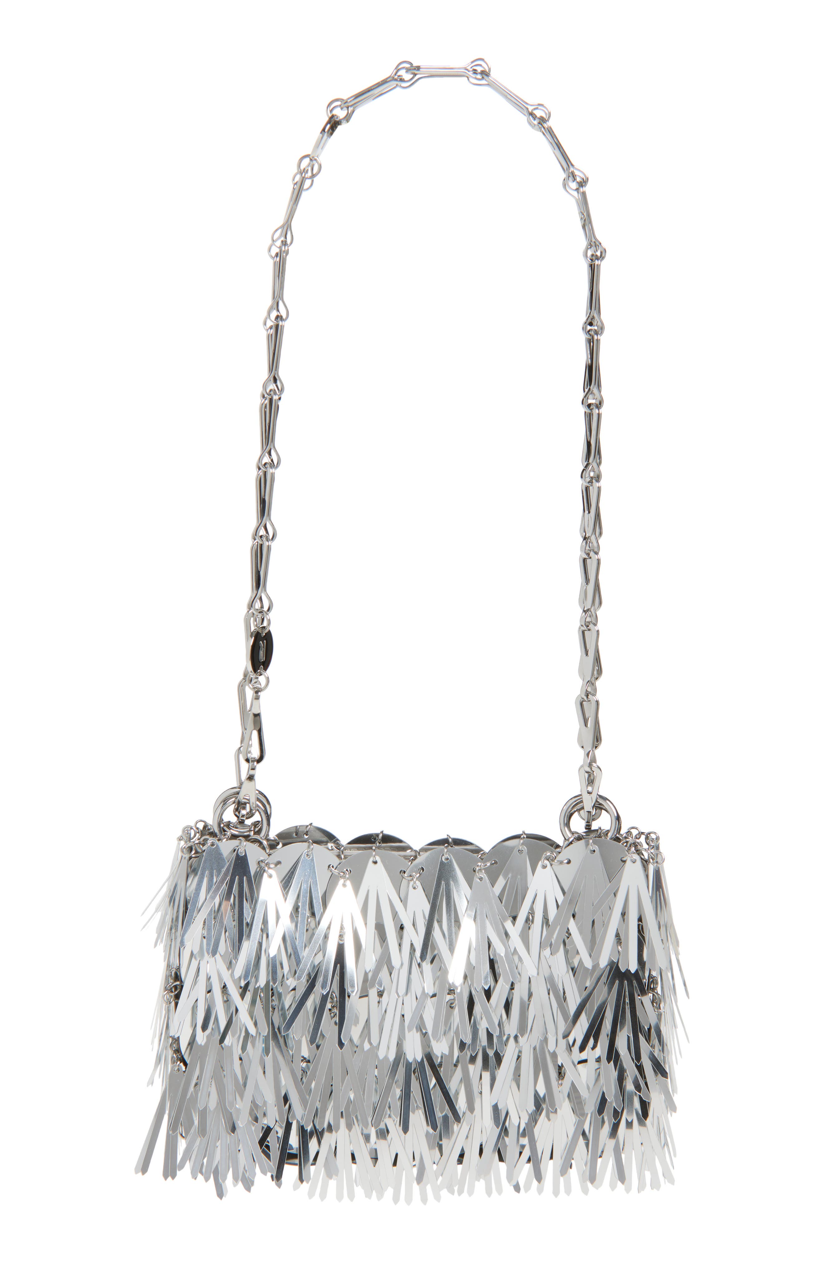 Rabanne Nano 1969 Paillette Shoulder Bag, Main, color, Silver