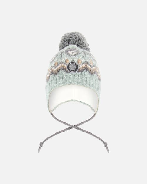 Deux par Deux Boy Lined Peruvian Knit Pompom Hat in Gray And Sage 