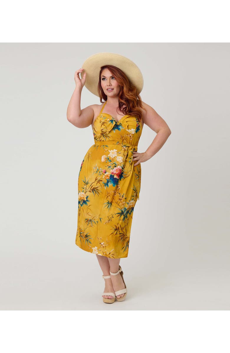 Unique Vintage Plus Size Leilani Sleeveless Sarong Dress, Main, color, Yellow Floral Print