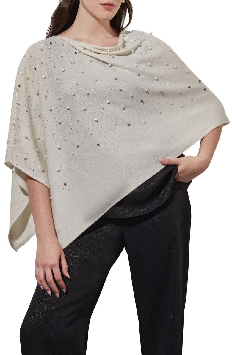 Ming Wang Imitation Pearl & Bead Detail Wool & Cashmere Poncho, Main, color,