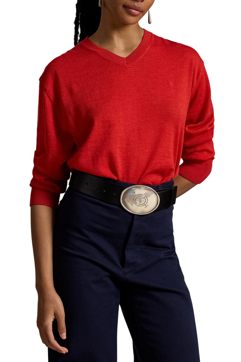 Merino Wool V-Neck Sweater, Main, color, FLANDERS RED HEATHER