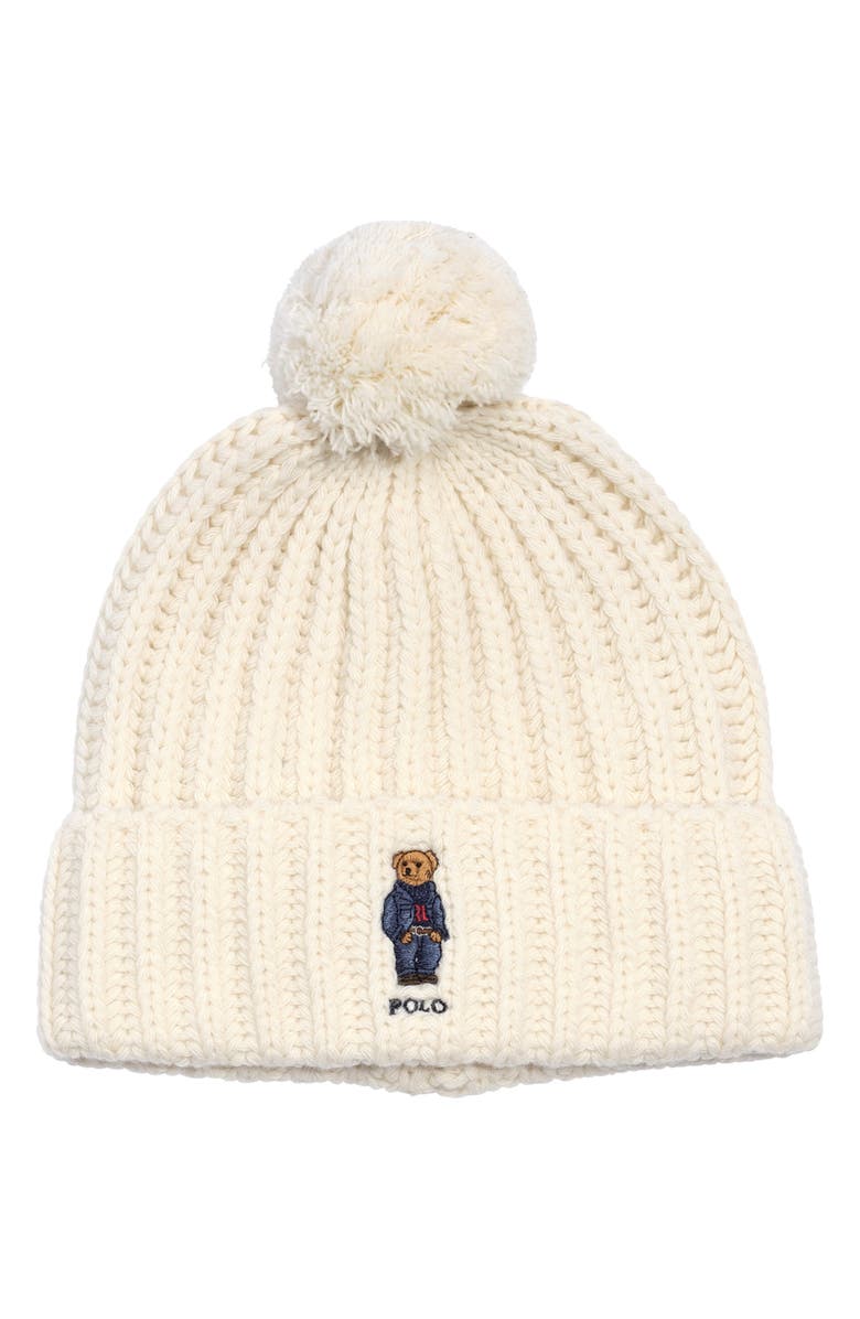 Polo Ralph Lauren Denim Bear Pompom Beanie, Main, color, Cream