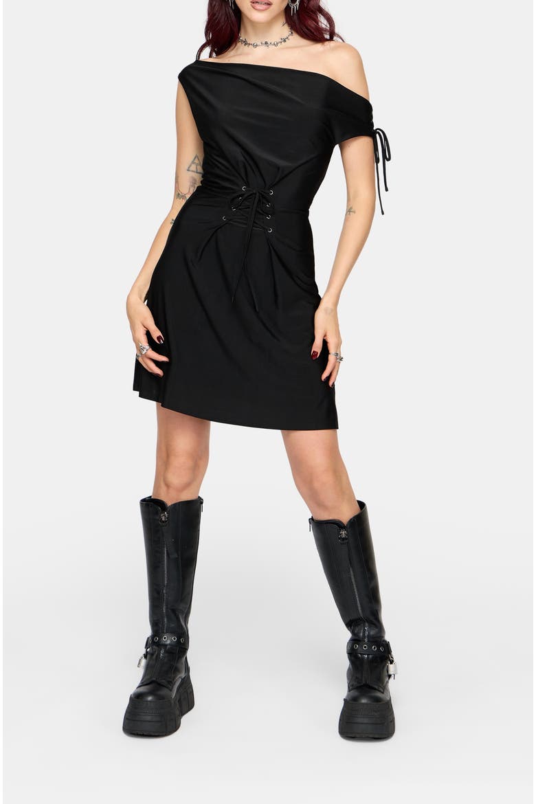 Noctavia Cowl Neck Lace Up Mini Dress, Main, color, Black