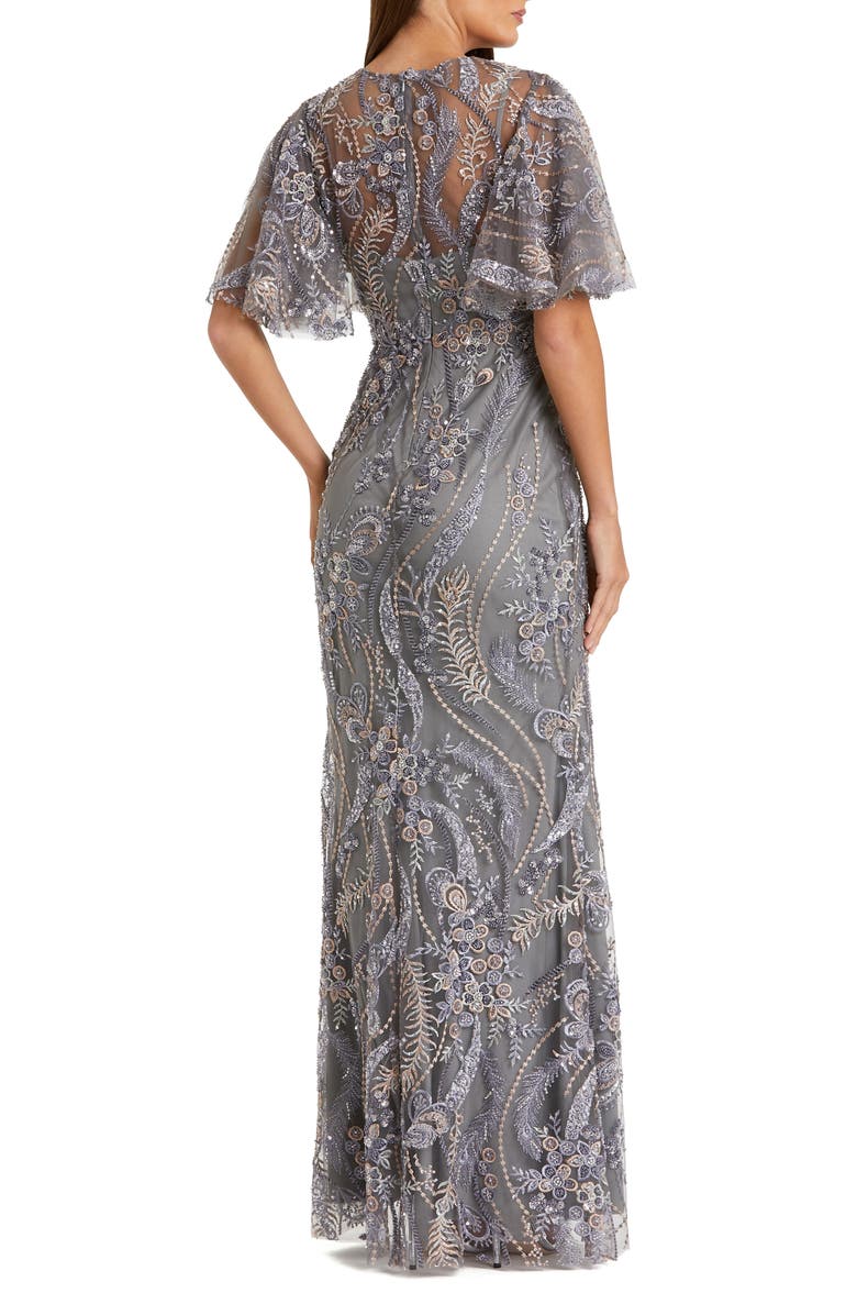 Mac Duggal Women's High Neck Flutter Sleeve Floral Embroidered Gown, Alternate, color, Charcoal