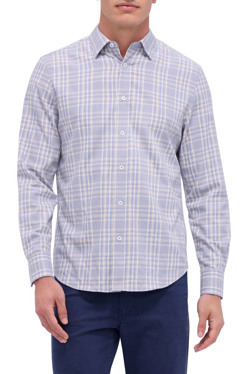 Bugatchi Karl Shaped Fit Plaid Performance Button-Up Shirt, Main, color, Air Blue