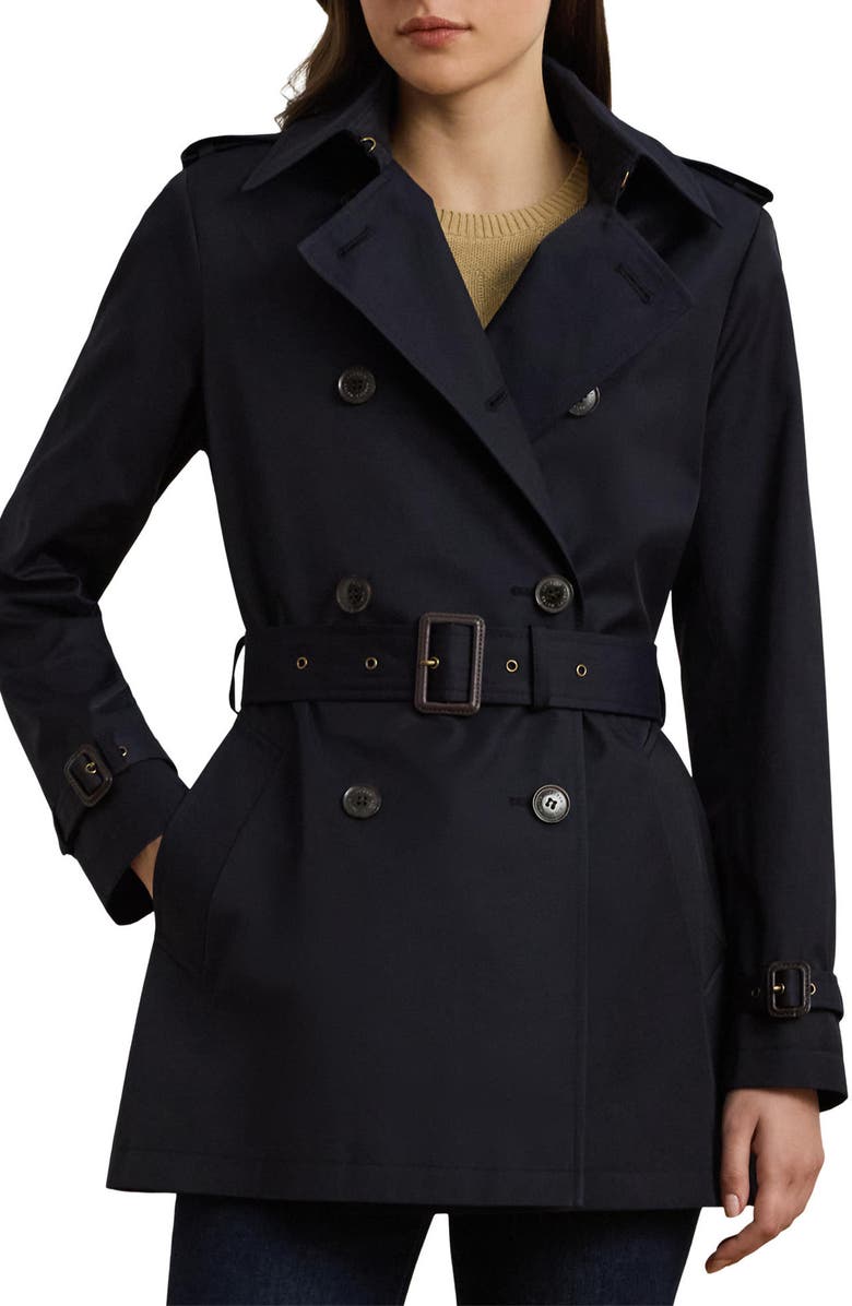 Lauren Ralph Lauren Short Double Breasted Trench Coat, Main, color, Dk Navy