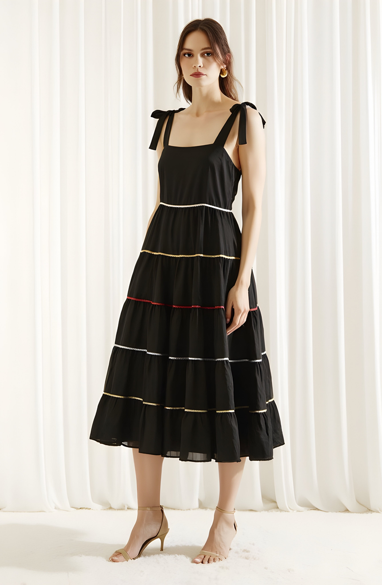 Modenaire Tiered Midi Dress with Contrast Stitching and Tie Shoulder Straps, Alternate, color, 