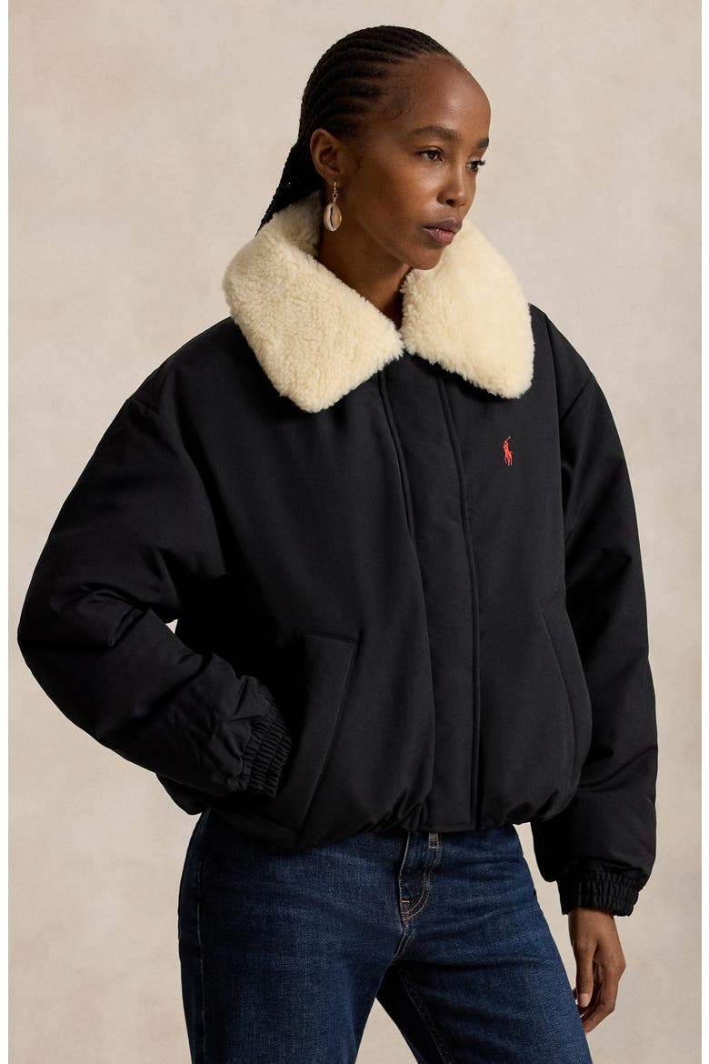 Down Puffer Jacket with Faux Shearling Collar, Alternate, color, BLACK