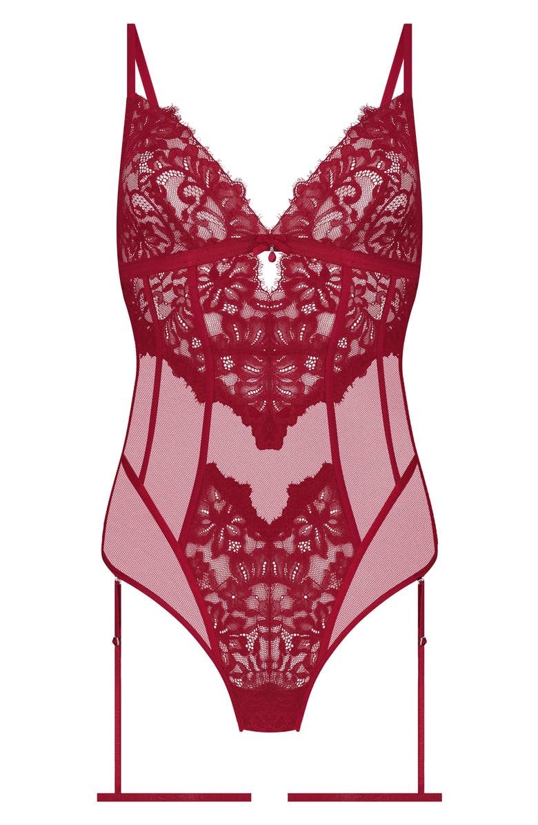 Hunkemöller Charlotta Mesh & Lace Teddy with Garter Straps, Main, color, 