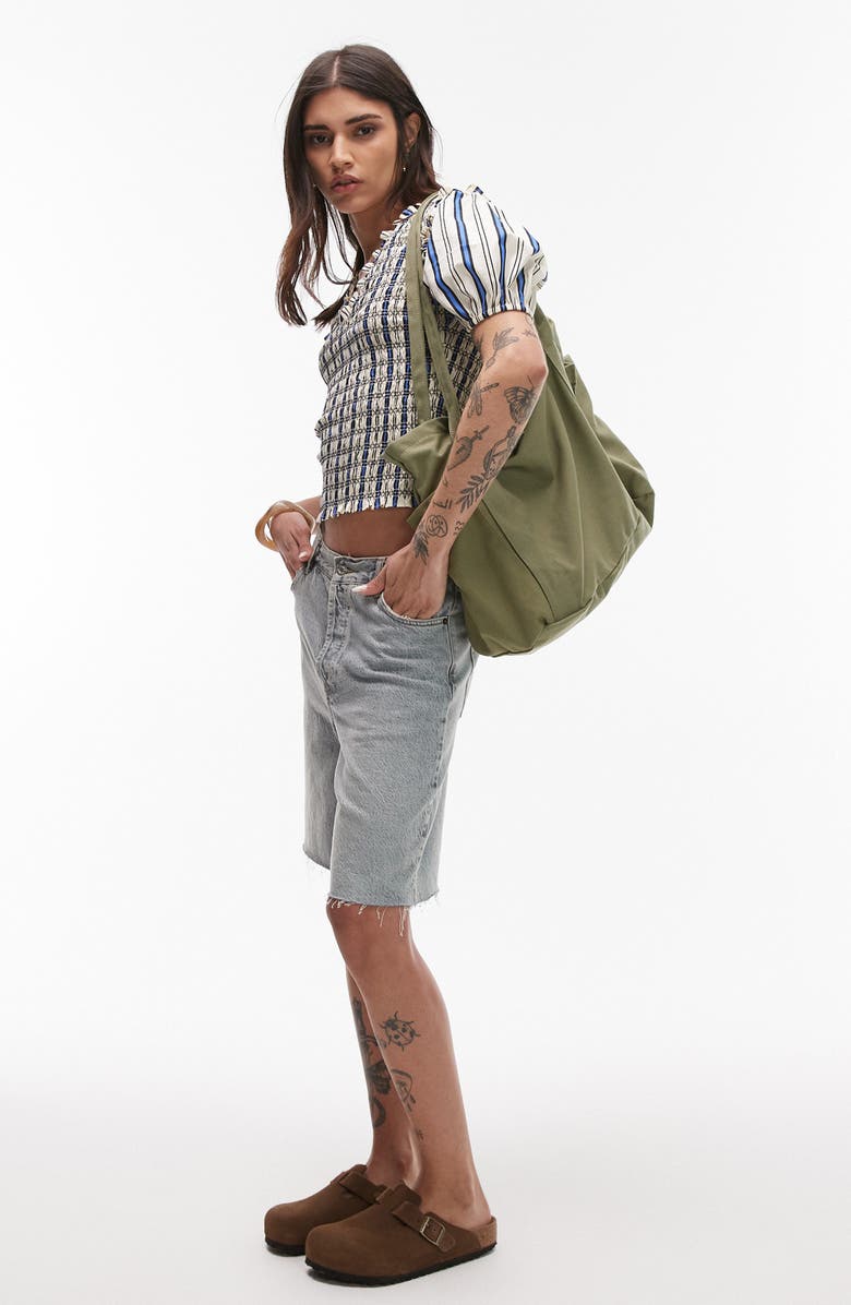 Topshop Shirred Puff Sleeve Crop Top, Alternate, color, Ivory Multi