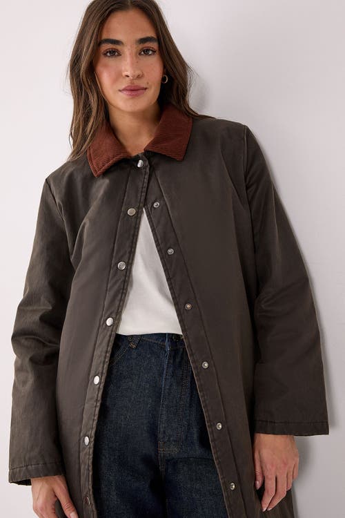 Nasty Gal Longline Cord Collar Wax Effect Coat In Brown