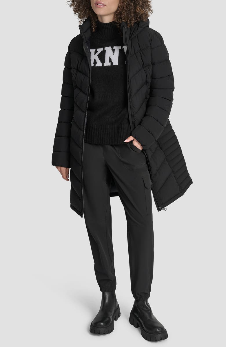 DKNY Cire Packable Hooded Longline Puffer Jacket, Alternate, color, Ebony Stretch